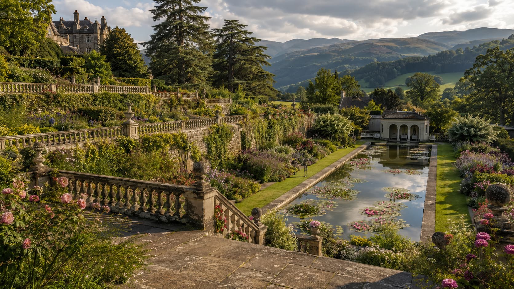 The terraces and gardens at Bodnant Garden