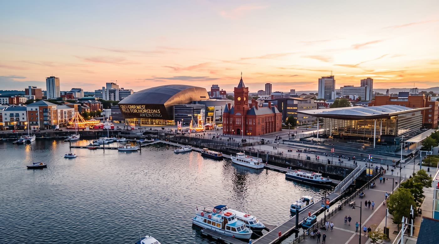 Cardiff Bay waterfront with views across the water and surrounding attractions