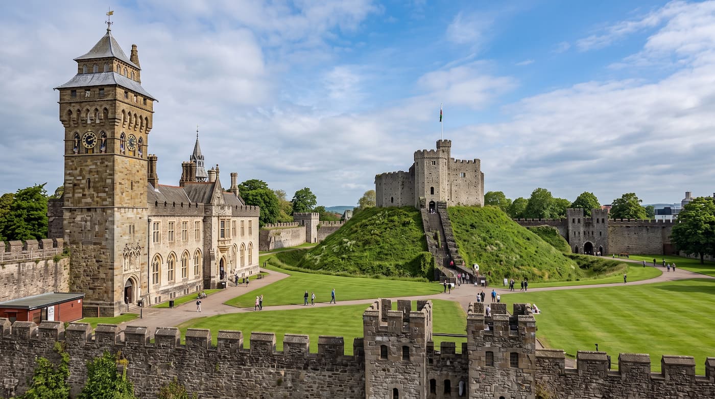 Cardiff Castle and its historic stone walls in the centre of Cardiff