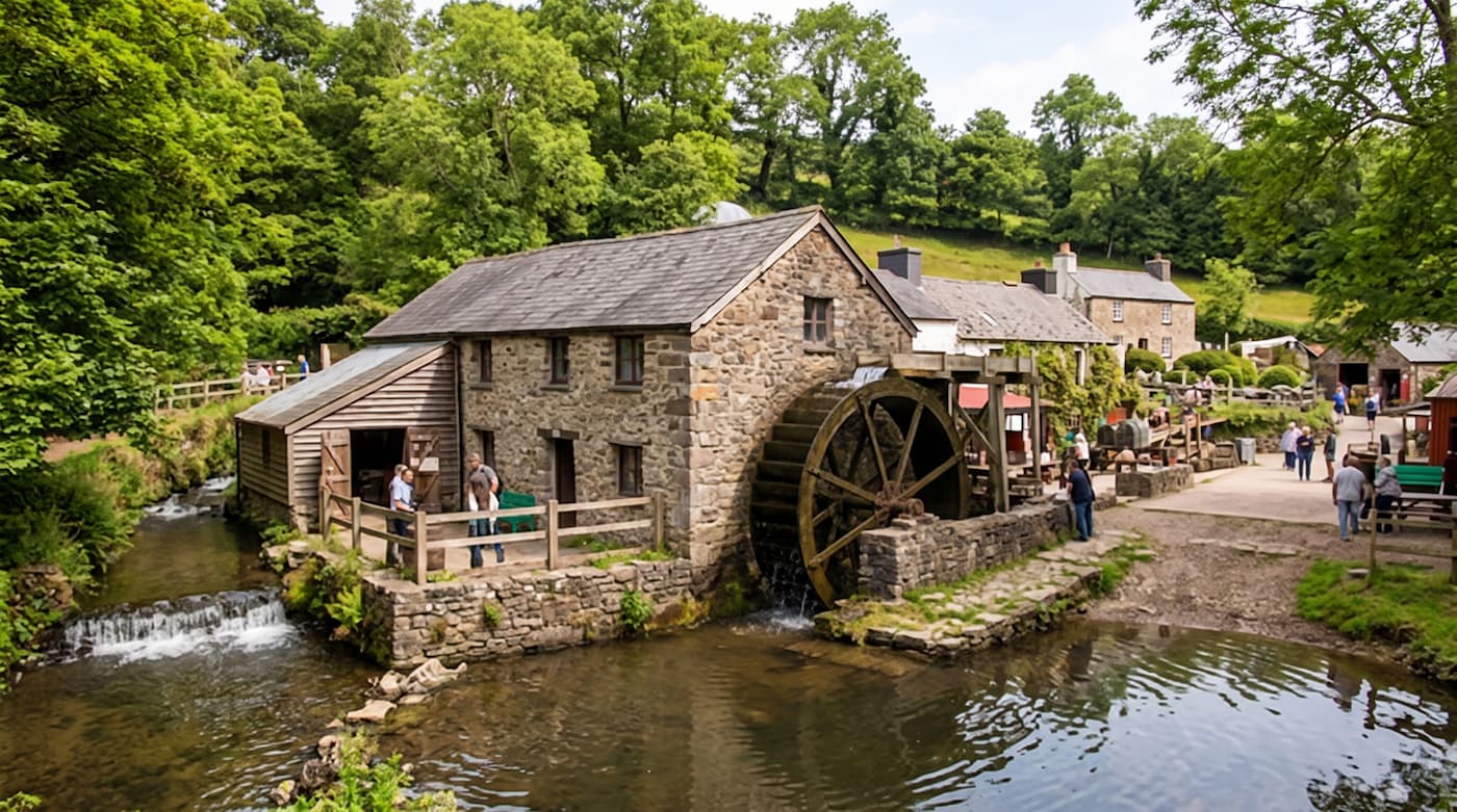 Historic watermill buildings at the Gower Heritage Centre in Parkmill