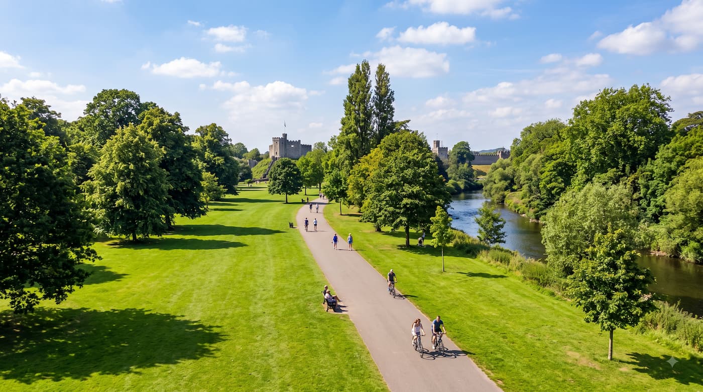 Green parkland and walking paths through Bute Park in Cardiff