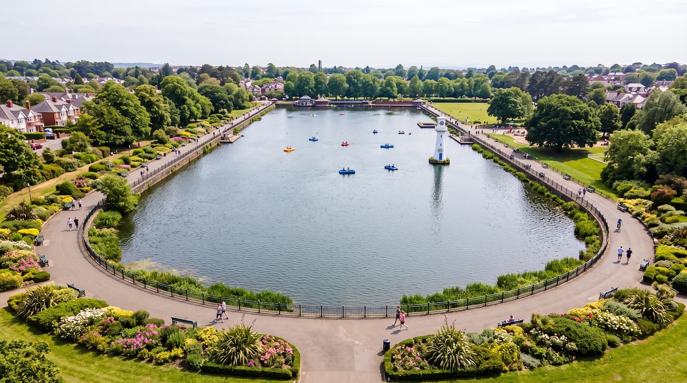 Roath Park lake surrounded by landscaped gardens and walking paths