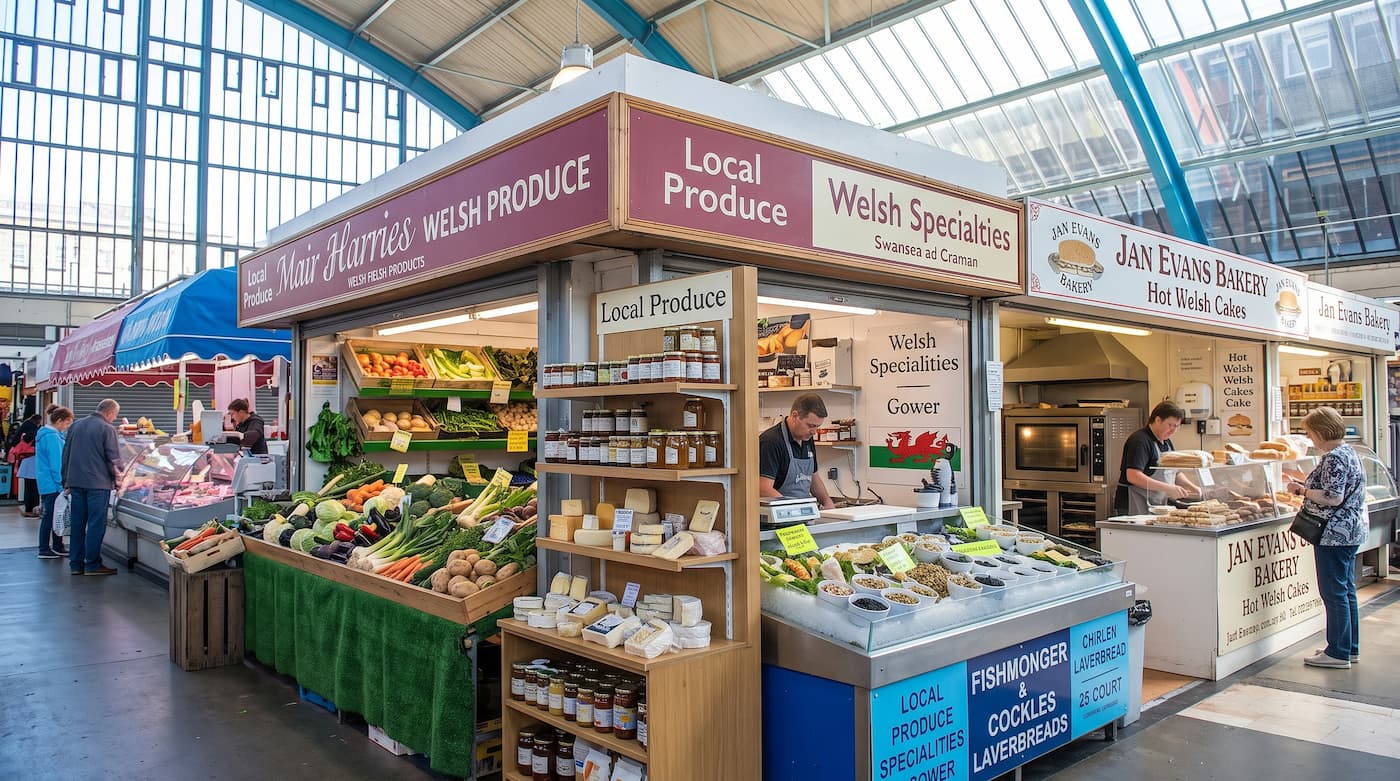 Independent stalls selling local produce and Welsh specialities inside Swansea Market