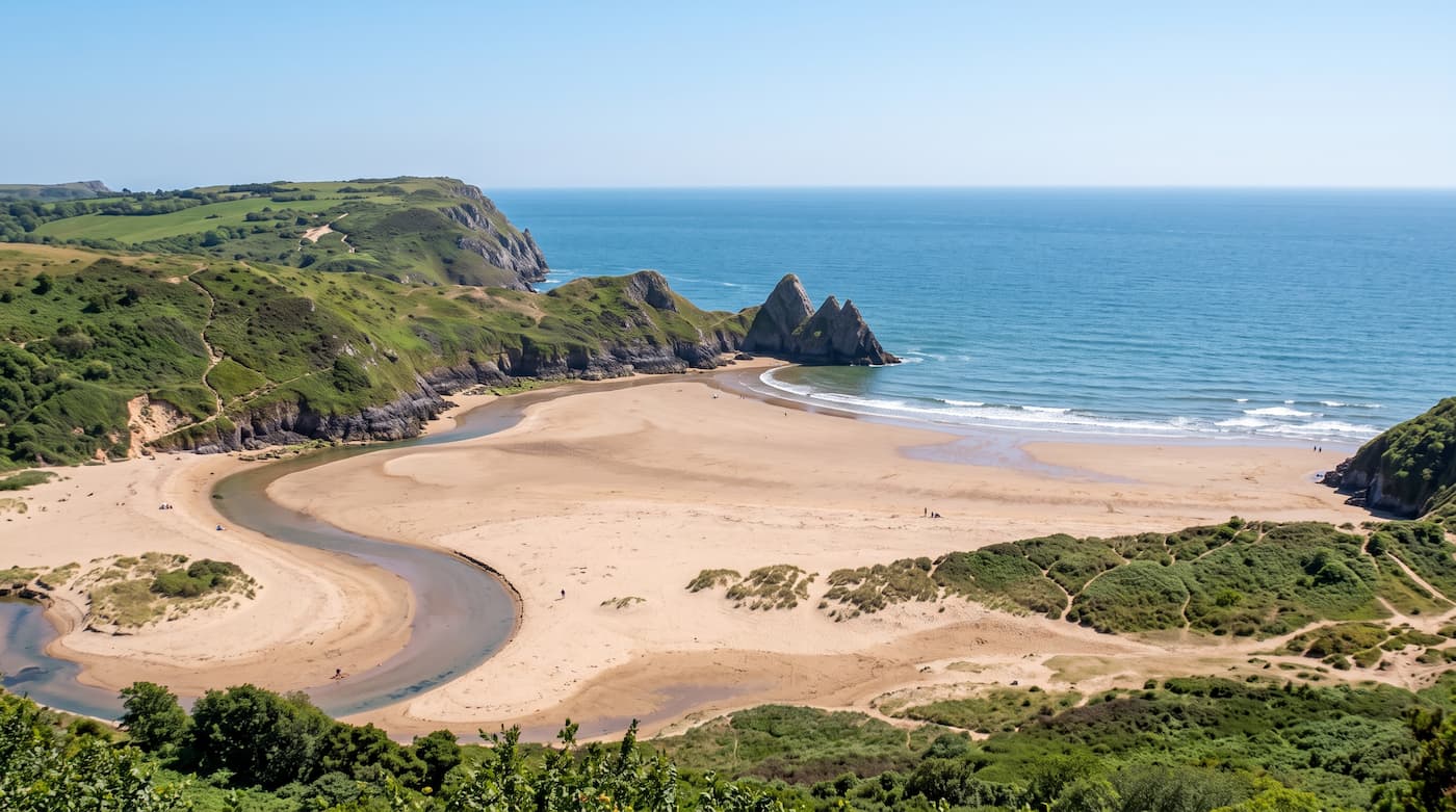 Three Cliffs Bay with its limestone cliffs and sandy beach on the Gower Peninsula